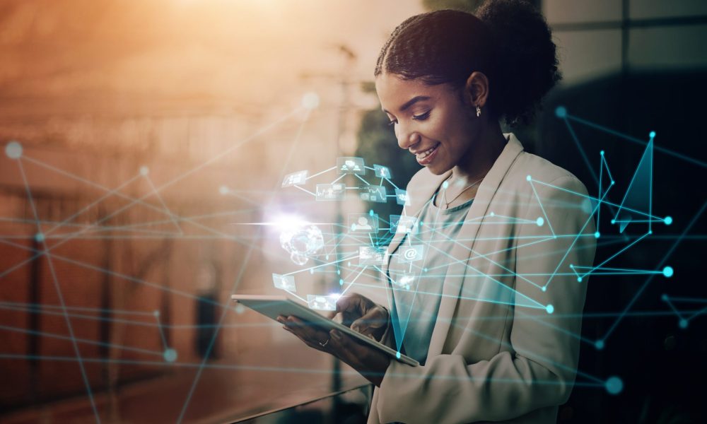 Futuristic, social network app or woman with tablet hologram of world user data or global analytics. Mobile tech ux, ui or business black woman with web internet, social media and future digital info.