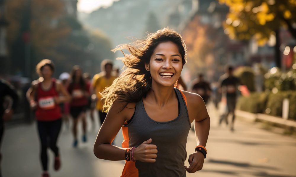 healthy woman with beautiful smile. trail running, marathon, triathlon running, outdoor nature. generative ai