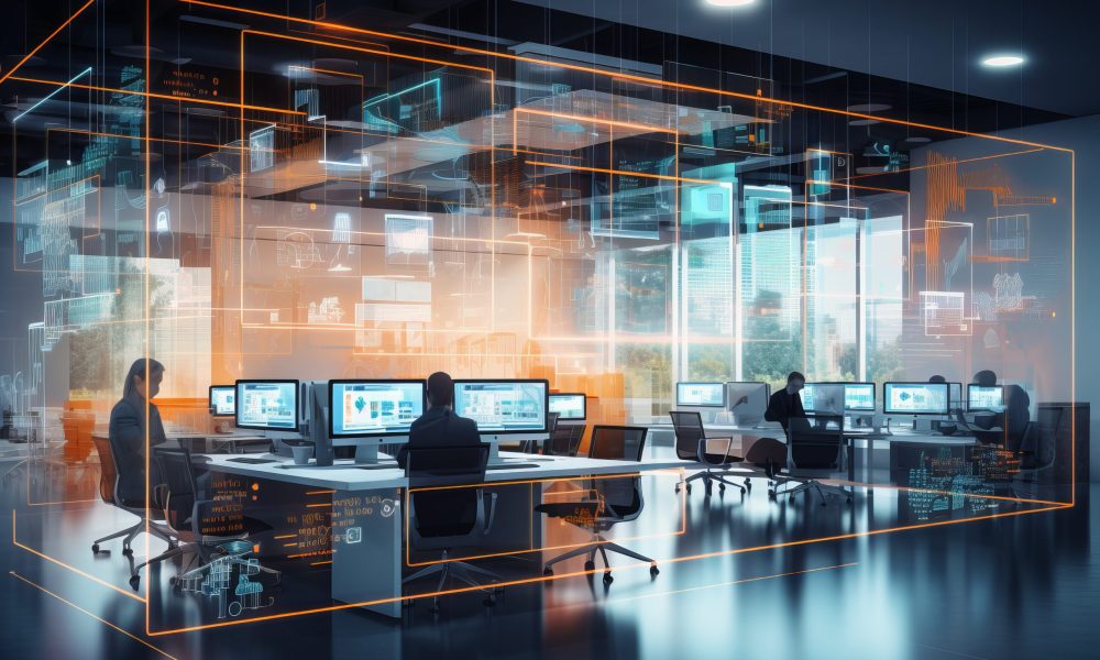Modern neon cyberpunk open space office interior blurred with information technology overlay. Corporate strategy for finance, operations, marketing. Generative AI technology