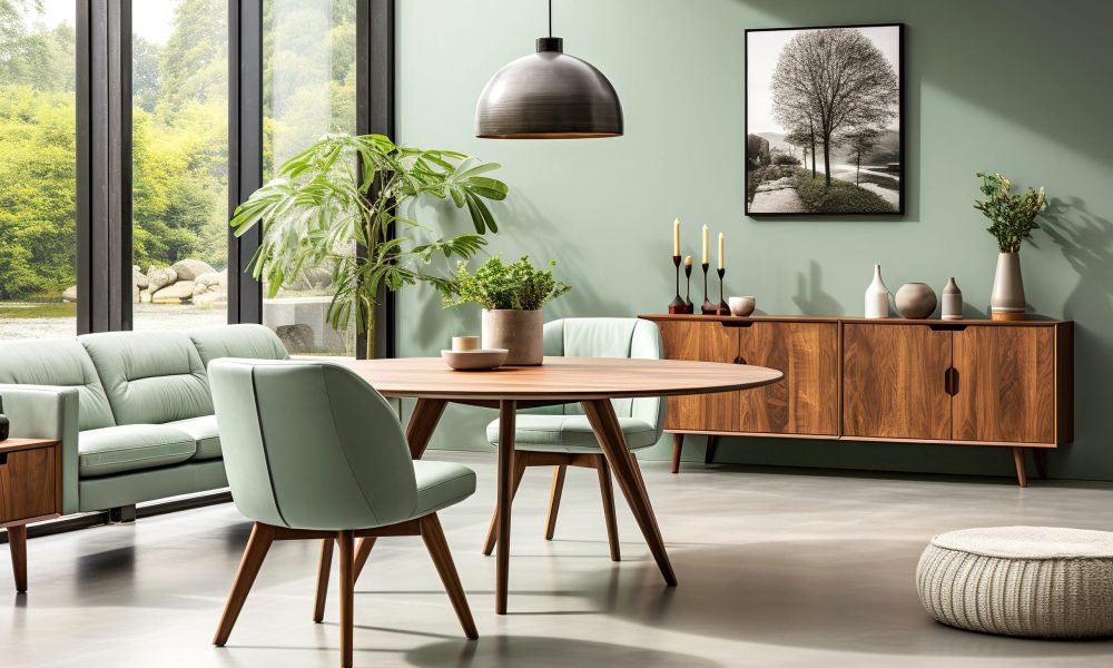Mint color chairs at round wooden dining table in room with sofa and cabinet near green wall. Scandinavian, mid-century home interior design of modern living room.