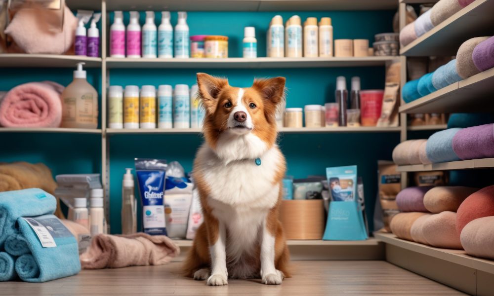 pet shop delivery, dog store, animal accessories, funny happy dog in a pet supermarket