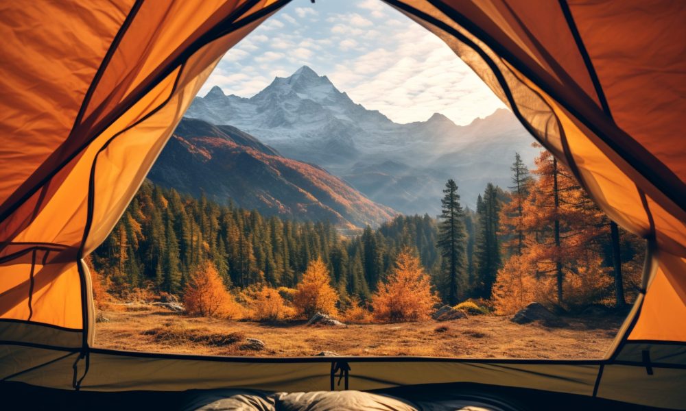 POV from a camping tent: scenic view of the mountains in the autumn