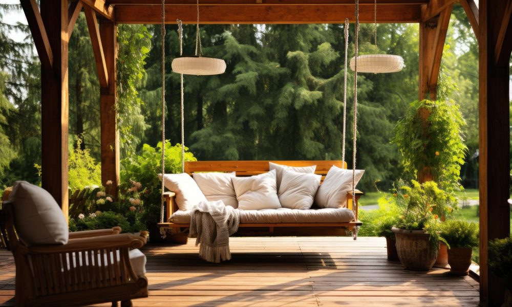Beautiful wooden terrace with garden furniture and swing surrounded by greenery on a warm, summer day with warm sun light.
