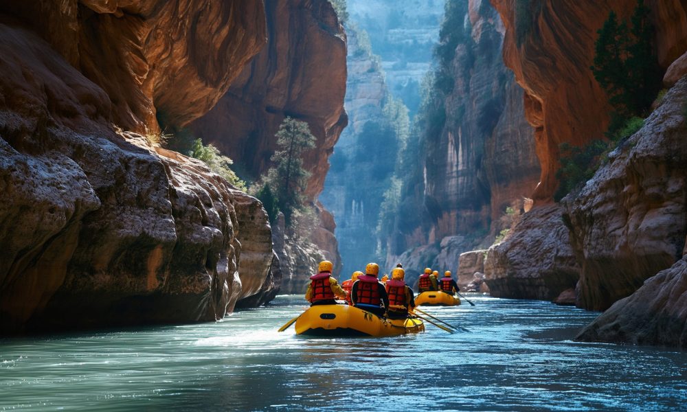 Rafting guide leading a group through a narrow river canyon. Dramatic rock formations surrounding the river