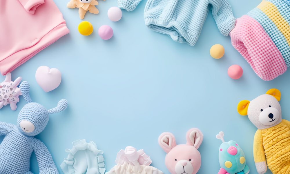 Flat lay composition top view of kids clothes and dresses with empty space at center for children products advertising, pastel color background