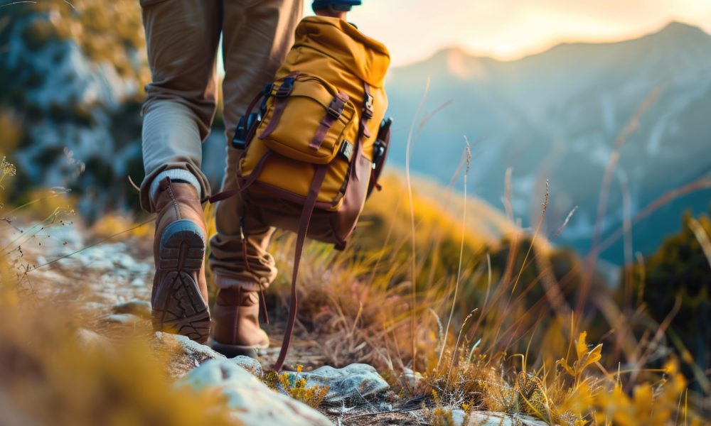 Person walking up a hill with a backpack, suitable for outdoor adventure concept.