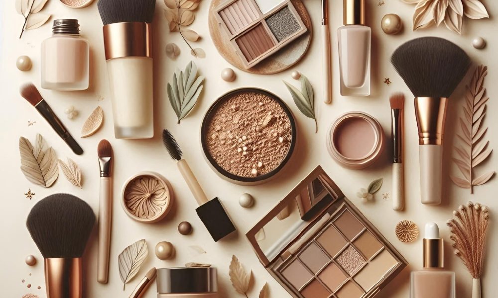 AI generated illustration of cosmetic products encircled by foliage and blooms