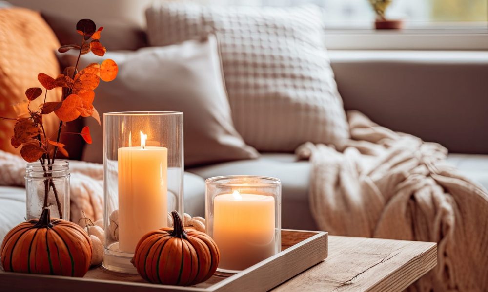 Create a warm autumn ambiance with a hygge home decor setup featuring orange and gray pumpkins and lit candles on a tray placed on a coffee table in the living room, with clear focal point. Include