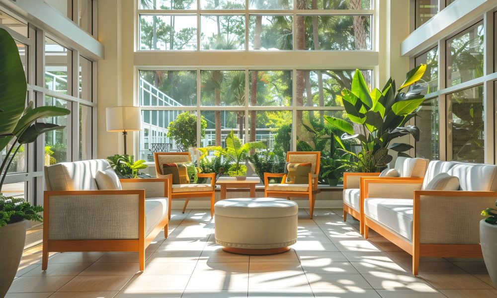 This image showcases a cozy,sunlit lounge area in a nursing home that seamlessly integrates natural elements and smart technology to create a serene,biophilic living environment for its elderly