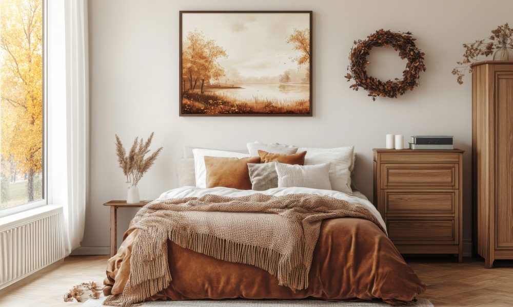 A beautifully styled bedroom showcases fall-themed artwork above a warm-toned bed, surrounded by cozy textures and autumnal decorations, creating a serene atmosphere.