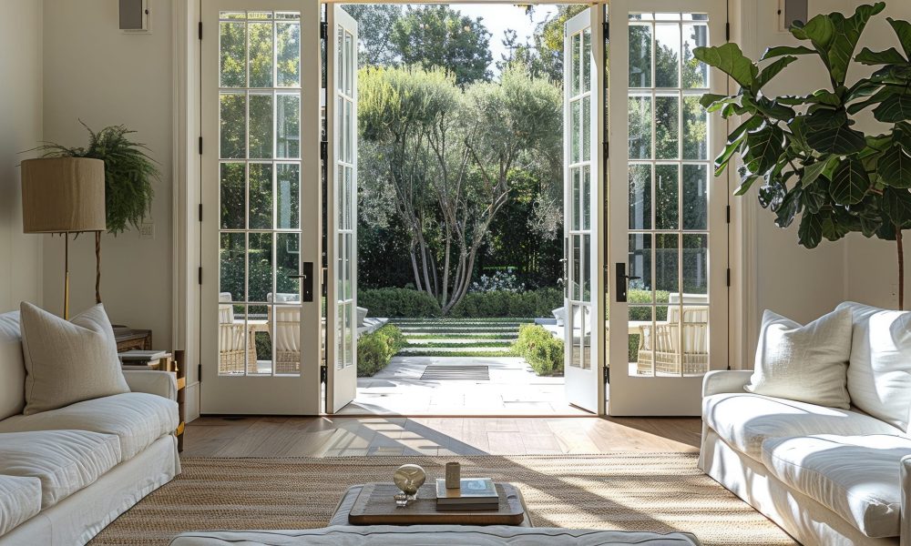 Double french door from living room to veranda.