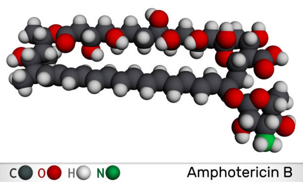 Amphotericin B molecule. It is antifungal used to treat fungal infections. Molecular model. 3D rendering