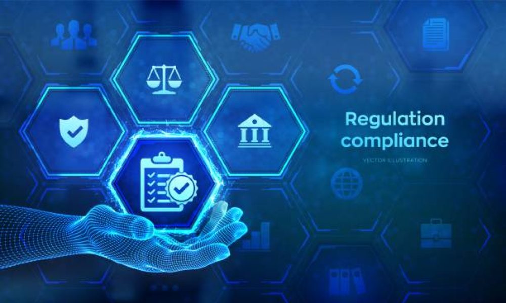 Regulation Compliance financial control internet technology concept on virtual screen. Compliance rules icon in wireframe hand. Reg Tech. Law regulation policy. Vector illustration