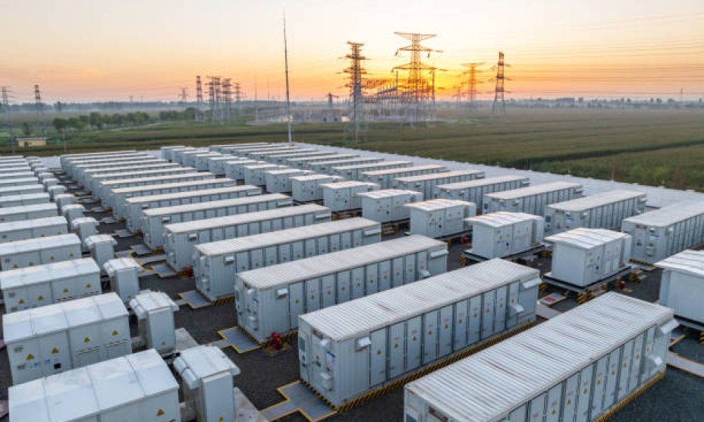 Energy storage power station at sunrise