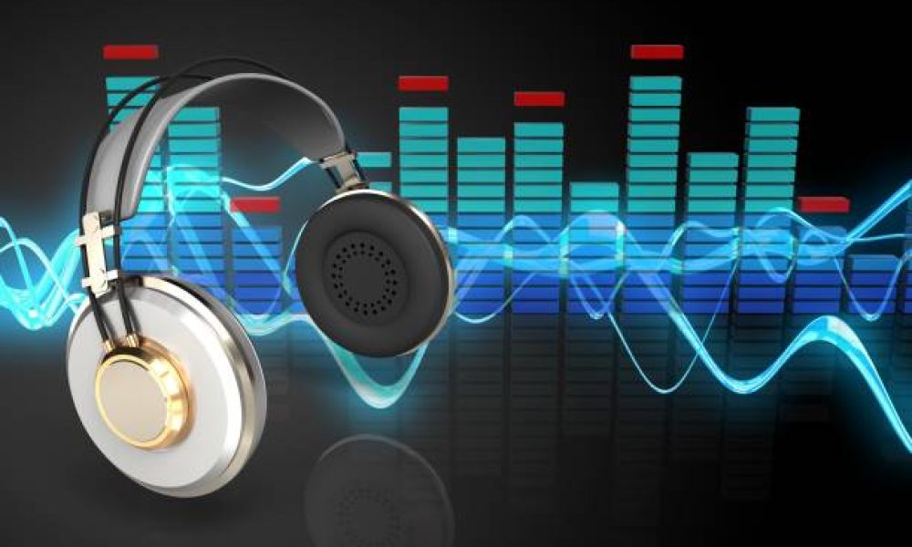3d illustration of headphones over sound wave black background