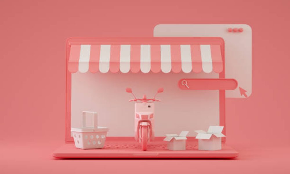 3d render, online shopping, delivery, scooter, motorcycle, supply chain, laptop, transportation, e-commerce.