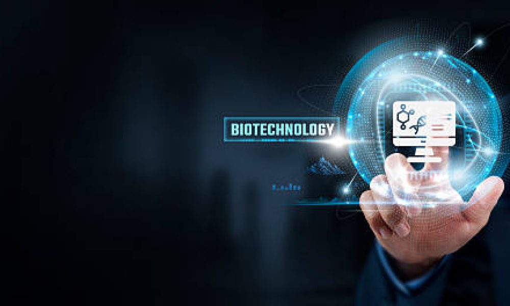 Biotechnology Innovations, Research: Businessman Touching Biotechnology Solutions and Global Network. Advancement, Collaboration.