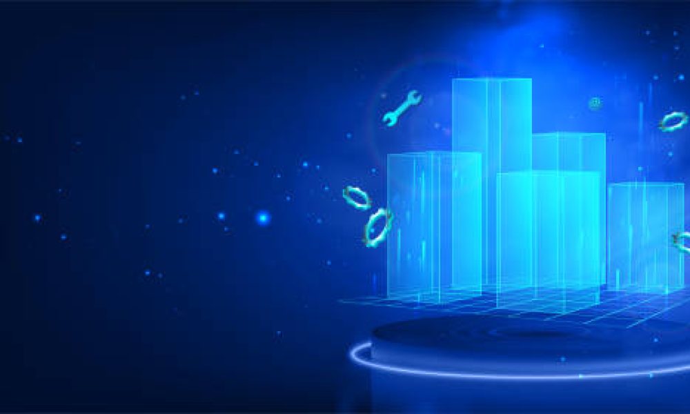 Design of buildings and infrastructure through 3D modeling, city design. Building Information Modeling. 3d hologram of the city block. BIM concept, Industry construction, BIM online. Vector banner