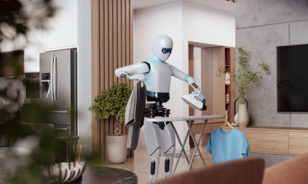 A humanoid robot is ironing clothes in a modern, stylish home, holding a jacket on a hanger while pressing a shirt on an ironing board. The futuristic AI assistant demonstrates smart home automation, showcasing advanced robotics in daily household chores. The bright, contemporary interior emphasizes a seamless blend of technology and everyday life.