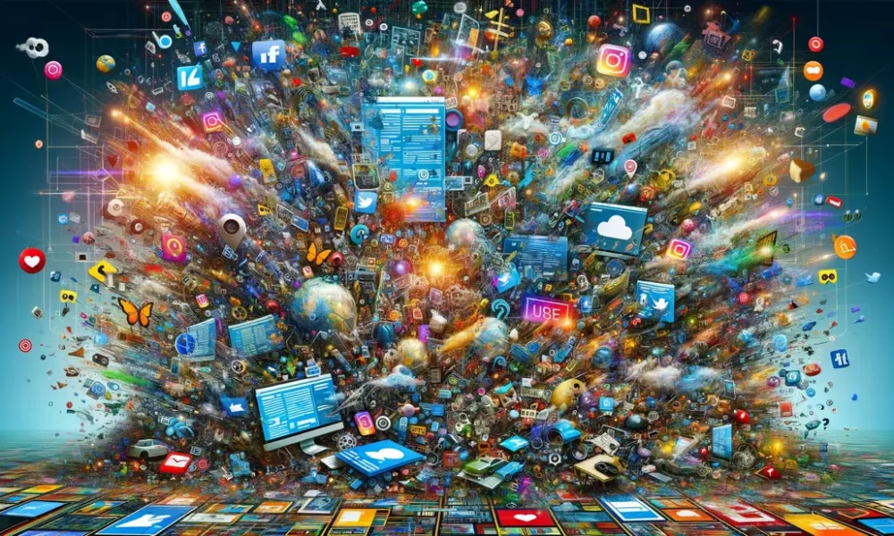 Cluttered digital landscape with overlapping web pages, social media icons, pop-up ads, and streaming videos, representing the chaotic and noisy nature of the internet