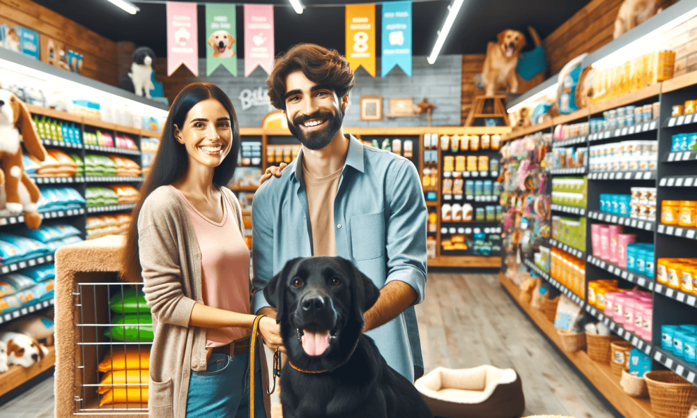 DALL·E 2023-11-20 21.51.58 - A bright and inviting pet supply store interior, with a diverse range of products neatly arranged on shelves. In the foreground, a young Caucasian fem