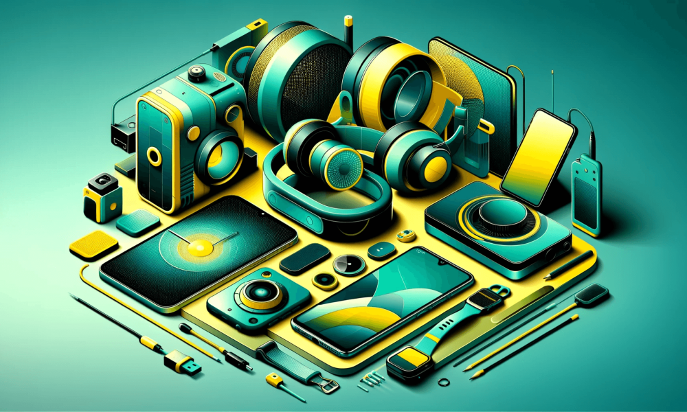 DALL·E 2023-12-11 05.30.59 - A vibrant digital art composition featuring various modern electronics_ smart phones, smartwatches, cameras, and headphones. The color scheme should b