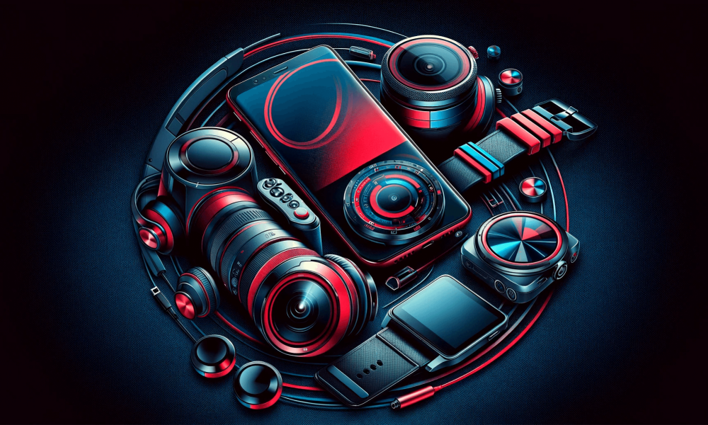 DALL·E 2023-12-11 05.55.11 - A digital collage of various electronics in a red, blue, and black color scheme. The image includes a modern smartphone, a sleek smartwatch, a profess