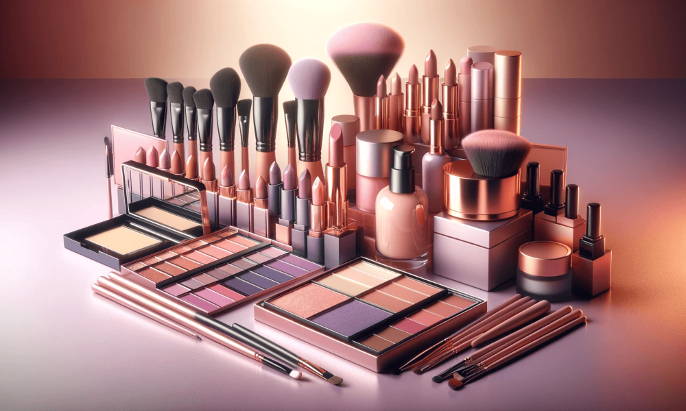 DALL·E 2023-12-11 06.22.51 - A stylish and modern display of beauty products arranged elegantly. The image features an array of makeup items, including various shades of lipstick,