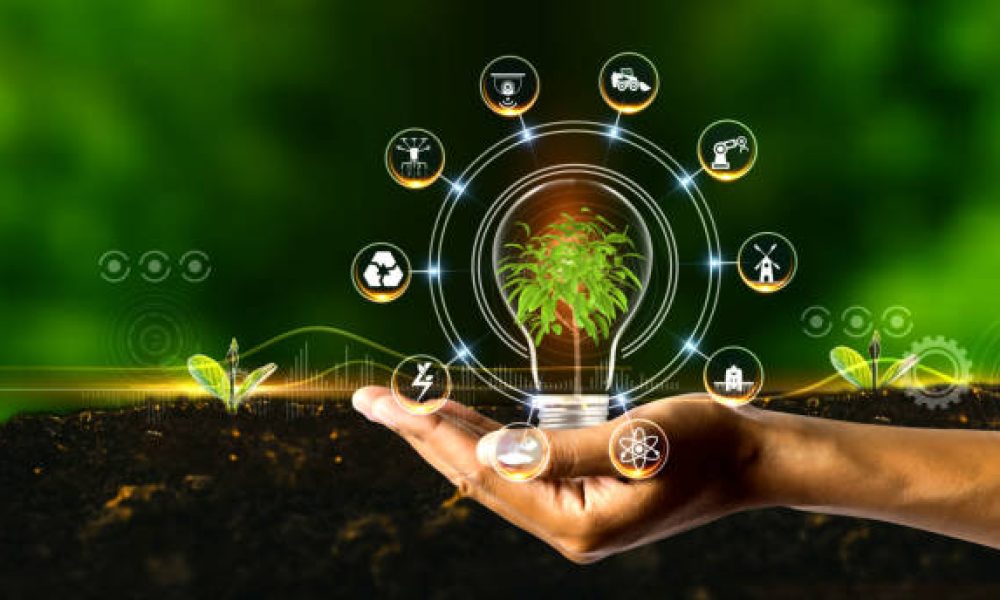 Green environment with Center and spoke Concept ,Plant on center and rotating Icons