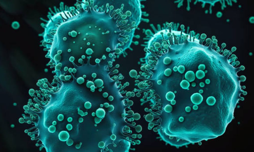 Cancer malignant cells - 3d rendered image, abstract enhanced scanning electron micrograph (SEM) of cancer malignant cells. Visual of overall shape of the cell's surface at a very high magnification. Medical research concept.