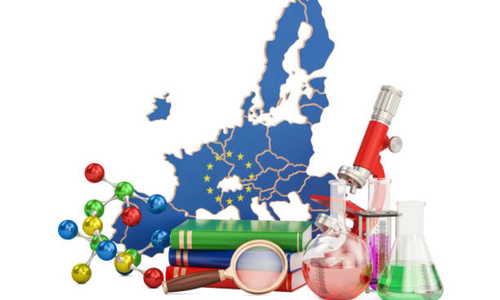 Scientific research in European Union concept, 3D rendering isolated on white background