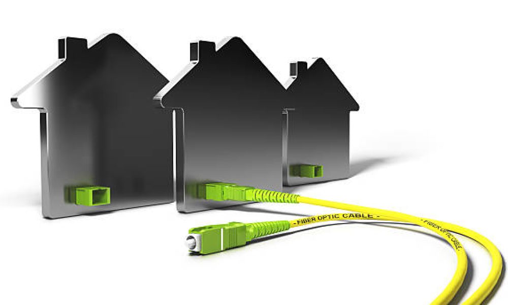 3D illustration of a FTTH network for high broadband access over white background