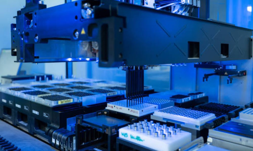 Lab Technologist Uses Flow Cytometry Equipment for Research. High quality photo The image shows a close-up of a flow cytometer, a machine used in medical labs to analyze and count cells. The machine has a blue light source and a detector that measures the light scattered by cells as they flow through the machine. The data is then used to identify and count different types of cells in a sample