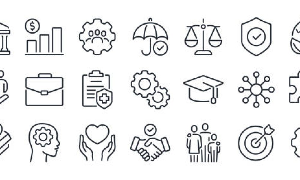 Social policy editable stroke outline icons set isolated on white background flat vector illustration. Pixel perfect. 64 x 64.