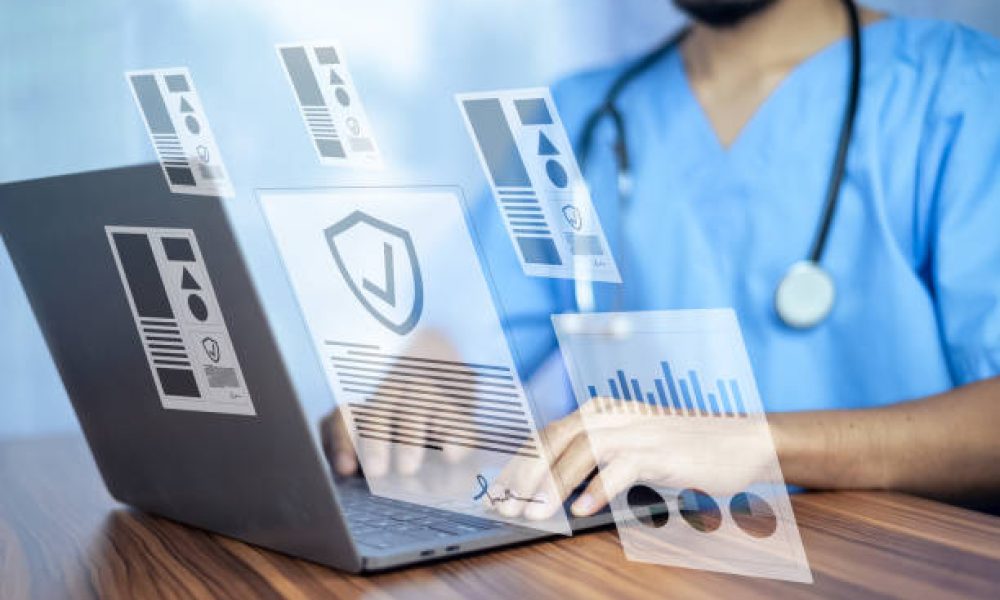 Doctor using computer Document Management System (DMS), online documentation database process automation to efficiently manage files