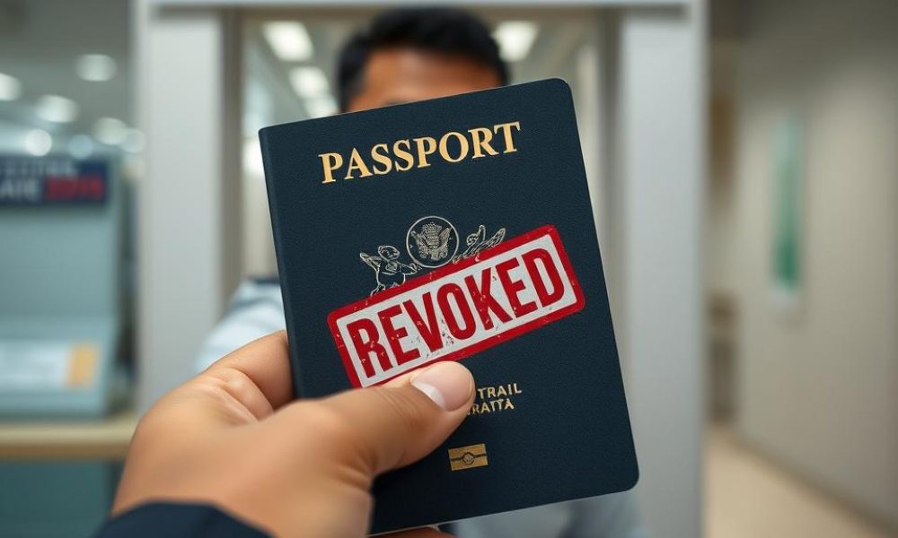 “REVOKED” at an immigration counter).