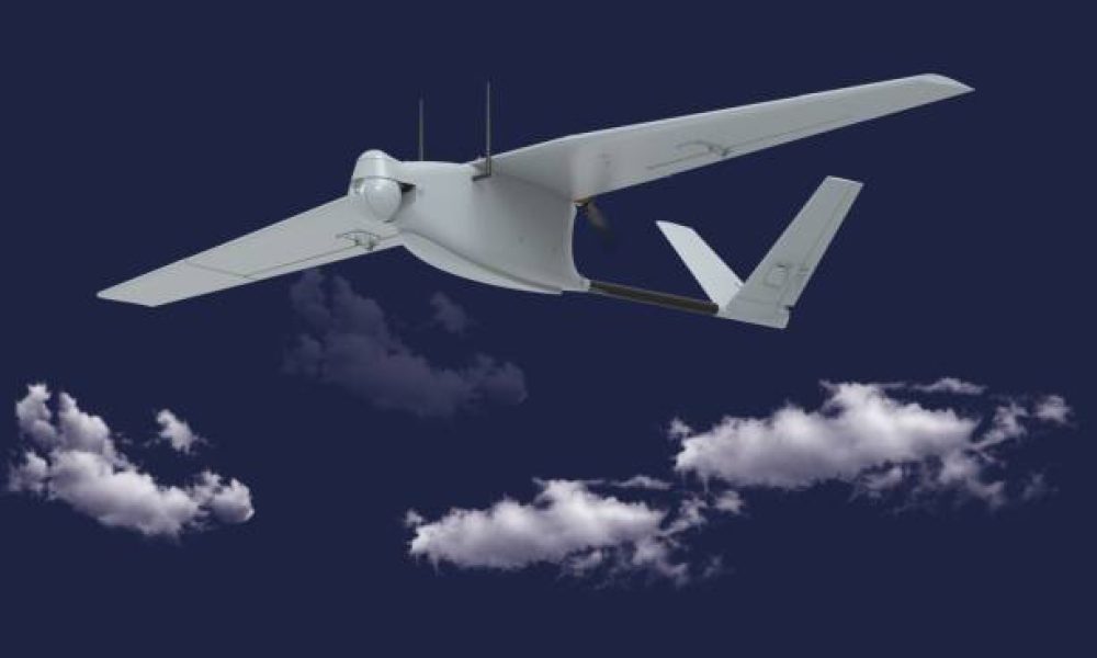 Illustration of the Mini Unmanned Aerial Vehicle advanced surveillance and monitoring system and remotely controlled mini robot aircraft among the clouds.
