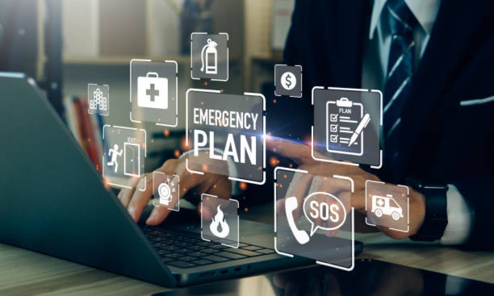 Concept of Emergency Preparedness Plan.Businessman touching Emergency Plan icon to learn and prepare in emergency situation .Business Evacuation Training concept.