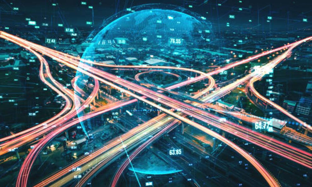 Futuristic road transportation technology with digital data transfer graphic showing concept of traffic big data analytic and internet of things .