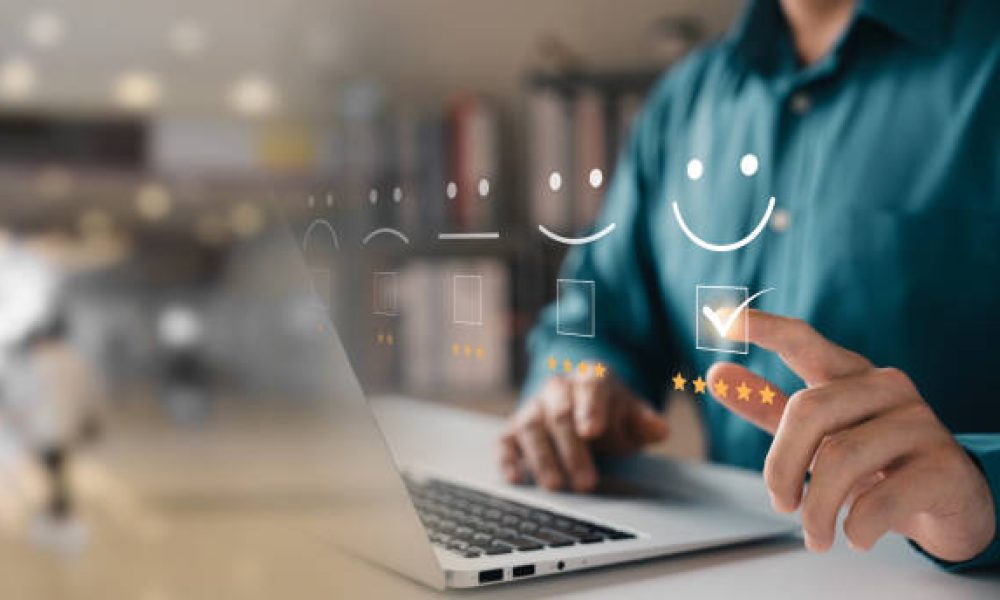 Customer Satisfaction Survey Concept, Users Rate Service Experiences On Online Application, Customers Can Evaluate Quality Of Service Leading To Business Reputation Rating.