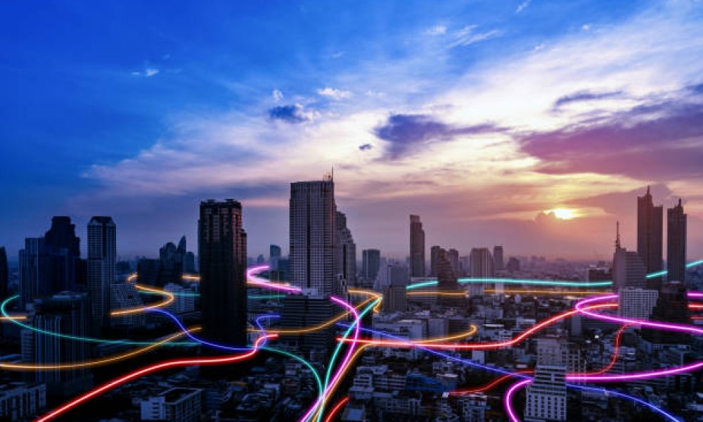 Smart city with speed line glowing light trail surround the city. big data connection technology concept.