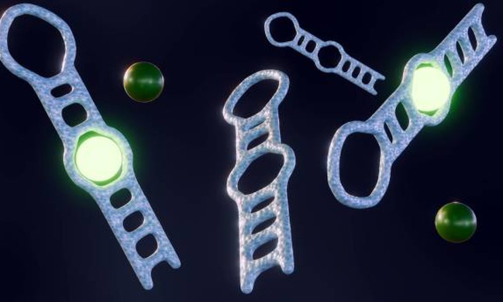Aptamers are designed to bind to the target analyte. A fluorophore, a molecule that emits light when excited, is attached to the aptamer; 3d rendering.
