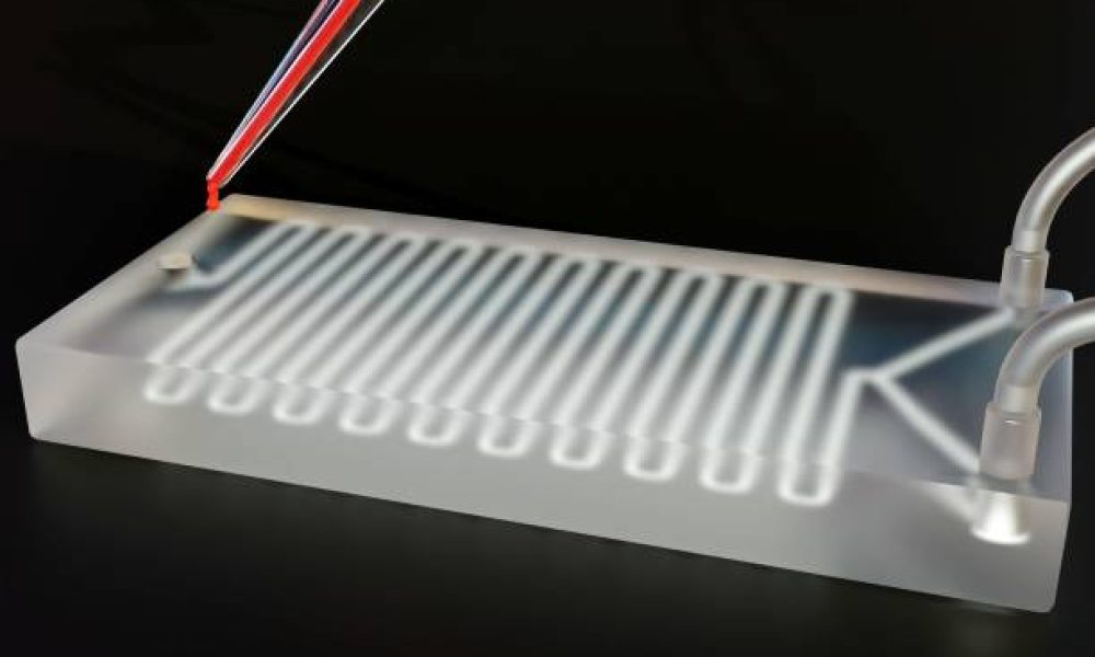 Isolated microfluidic chip with blood sample inside of micropipette 3d rendered in the black background