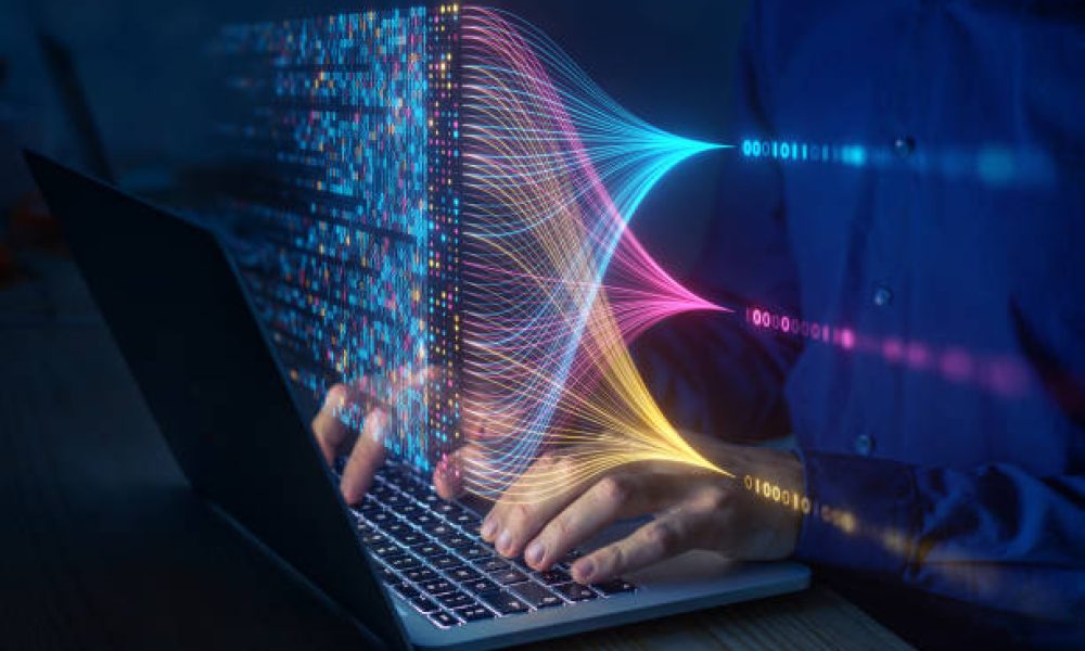 Data science and big data technology. Data scientist computing, analysing and visualizing complex data set on computer. Data mining, artificial intelligence, machine learning, business analytics.