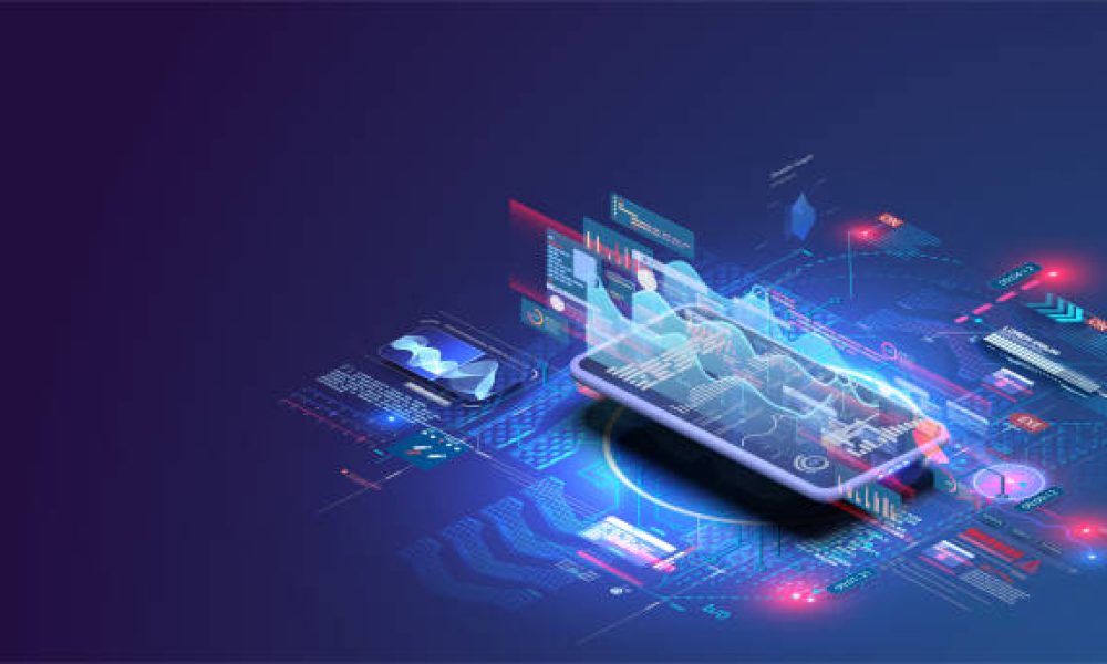 Application of smartphone with business graph and analytics data on isometric laptop . Analysis trends and financial strategy by using infographic chart