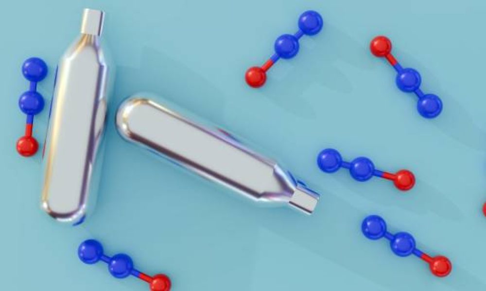 3d rendering of Nitrous oxide (N2O) molecules, also known as laughing gas. As a propellant in whipped cream cans and a flavoring agent, or for a sedative and pain reliever.