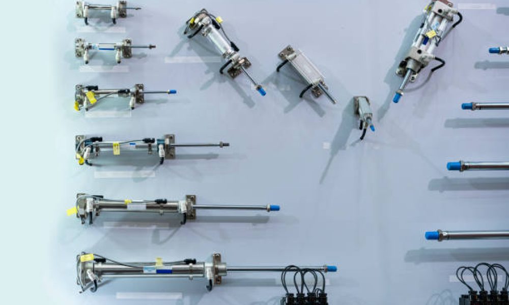 Various size pneumatic equipment e.g. air compact cylinder for automatic machine system or automation manufacturing process in industrial