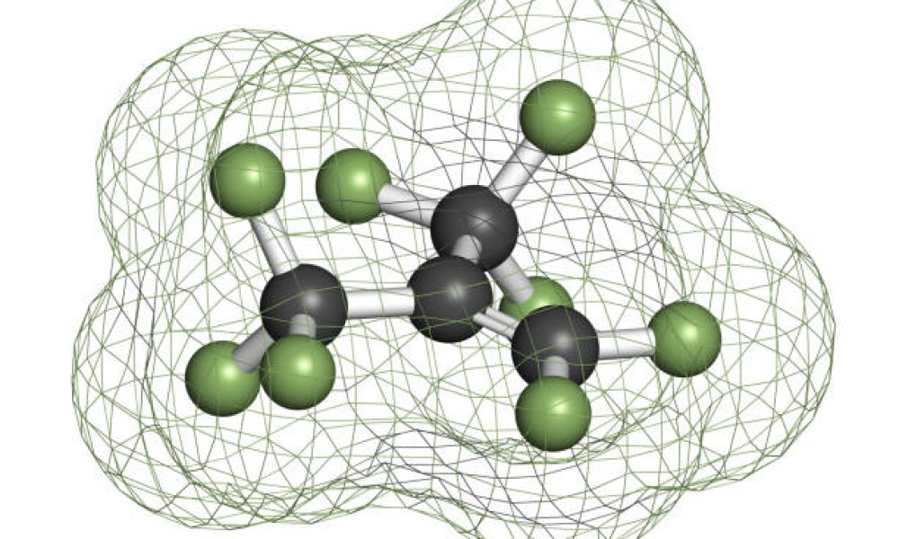 Perfluoroisobutene fluorocarbon molecule.  3D rendering. Atoms are represented as spheres with conventional color coding: carbon (grey), fluorine (lig