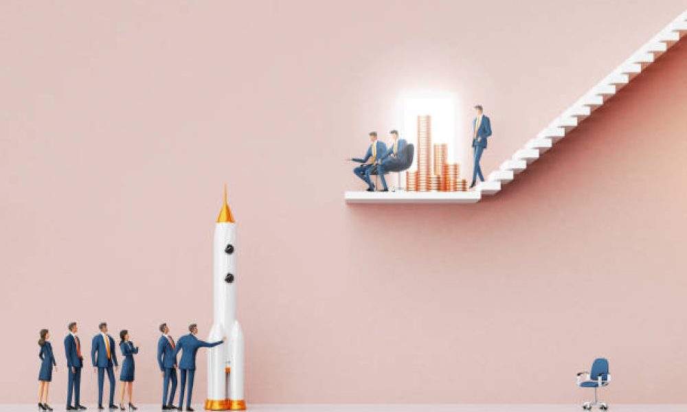 Business people introducing a new startup idea to investors. Rocket as symbol of startup. Business environment concept with stairs and open door. 3D rendering