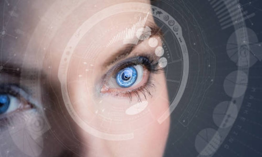 Iris recognition concept Smart contact lens. Mixed media.